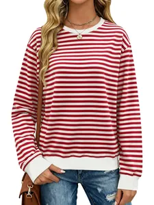 Close-up of red and white striped sweatshirt with white ribbed neckline and cuffs