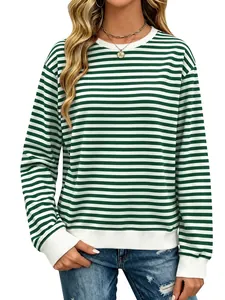 Detail of green and white striped long sleeve sweatshirt with ribbed crew neck and cuffs