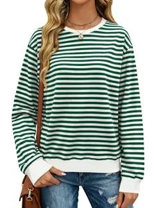 Detail of green and white striped long sleeve sweatshirt with ribbed crew neck and cuffs