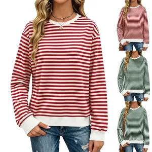 Women's Striped Long Sleeve Sweatshirt Crew Neck Pullover Cotton Blend Loose Ribbed Cuffs Casual Commuter Fashion Top