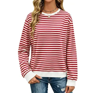 Women's long sleeve red and white striped crewneck sweatshirt with ribbed trim accents