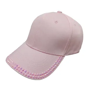 Women pink baseball cap with sparkling rhinestone brim in breathable cotton fabric