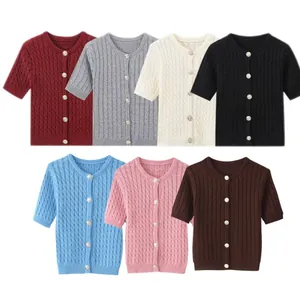 Slim fit crewneck cable knit short sleeve cardigan available in multiple vibrant colors