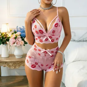 Sexy Spitzenunterwäsche BH Und Shorts Rote Lippen Herzmuster Transparent Romantische Nachtwäsche Mit Schleife Für Frauen