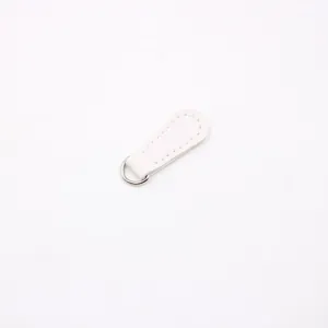 Detailed view of white PU leather zipper pull with silver D-ring and fine stitching