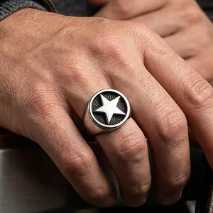 Pentagram Signet Ring Retro Titanium Stainless Steel Five Pointed Star Punk Hip Hop Jewelry For Men