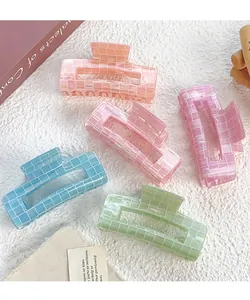 Set of five colorful macaron hair claws with holographic mosaic pattern and square design