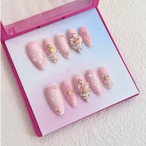 Press On Nails Almond Shape 3D Flower Zebra Stripe French Nude Gradient Glossy Rhinestone Art For Women
