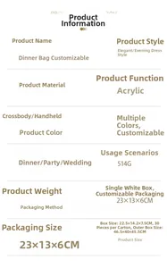 Specifications of acrylic shell evening bag with dimensions 23x13x6cm and crossbody option