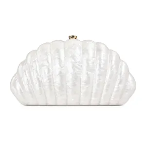 Elegant white pearlescent acrylic shell clutch bag with gold spherical metal clasp