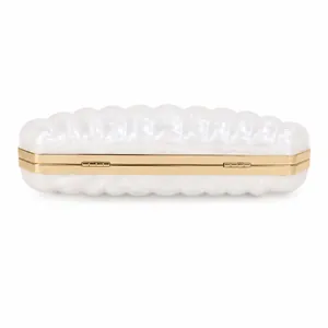 Elegant white acrylic shell clutch bag with gold metal frame for wedding evening party