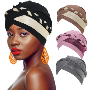 Women Fashion Braided Turban Hat Shiny Metallic Twist Cross Headwrap Ethnic Style Elastic Head Scarf Muslim Cap For Party Wedding