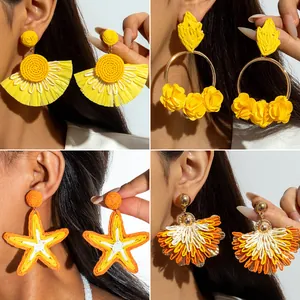Bohemian Hand Woven Raffia Drop Earrings For Women Colorful Tropical Summer Beach Vacation Style Statement Jewelry