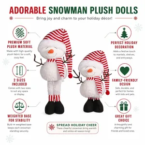 Detailed view of weighted plush snowmen set featuring festive red striped hats and scarves