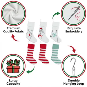 Detailed close-up of 6-piece Christmas stocking set with embroidery and hanging loops