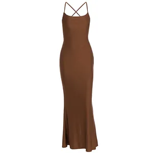 Elegant dark brown satin backless long dress with cross straps and slim fit design