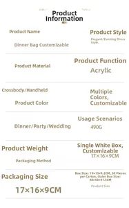 Detailed technical specifications for the acrylic evening clutch including size and weight