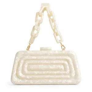 Detailed macro view of white marble acrylic evening bag with 3D geometric texture