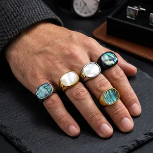 Fashionable titanium steel oval ring with white shell and abalone inlay for men and women