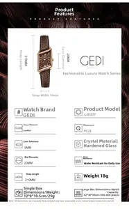 Detailed size specifications and features of the vintage GEDI rectangular leather watch