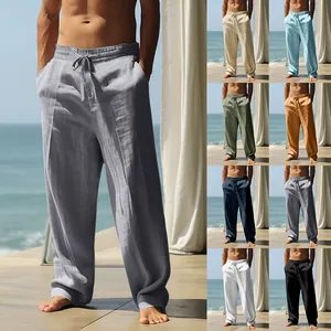 Linen blend drawstring pants detail in eight colors for summer beach casual wear