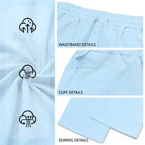 Dettagli dei pantaloni in lino azzurro con vita elastica e trama del tessuto traspirante