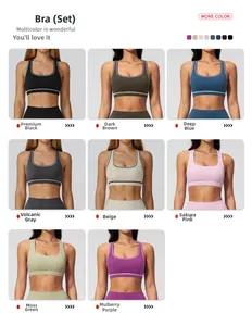 Detail of color-block sports bras in 8 colors with contrast piping and U-neck design