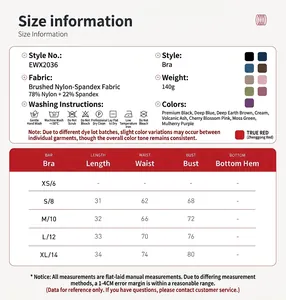 Size chart for high-impact yoga bra showing detailed measurements and fabric composition