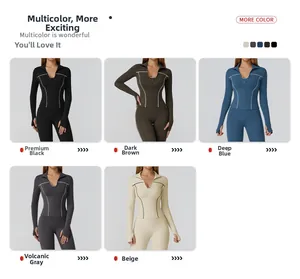 Detailed comparison of slim fit yoga sets in black, brown, blue, grey, and beige