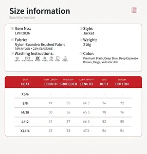 Detailed size chart for the brushed yoga jacket showing S-XL measurements in centimeters