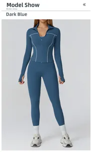 Detail of dark blue yoga set with contrast white stitching and thumbhole sleeve cuffs