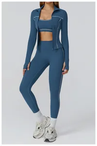 Detail view of contrast stitch seam on three-piece yoga set with thumbhole jackets