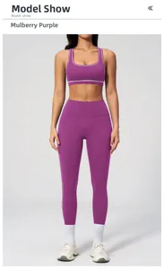 Detail of mulberry purple yoga set showing high-elasticity fabric and slim fit design