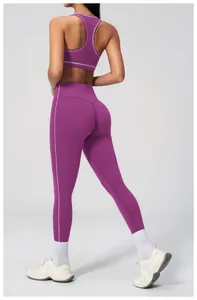 Detail of purple yoga set showing racerback sports bra and high-waisted leggings
