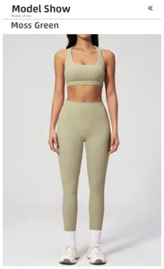 Detail of moss green yoga set featuring high-waist leggings and racerback sports bra