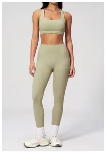 Detailed front view of sage green seamless yoga set with high waist compression leggings