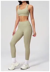 Three-piece brushed yoga set featuring slim fit zip top and high waist leggings