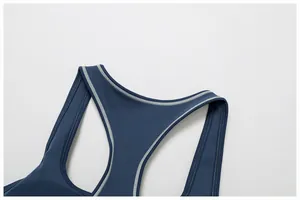 Detail of navy yoga top showing high-quality white contrast stitching and elastic fabric