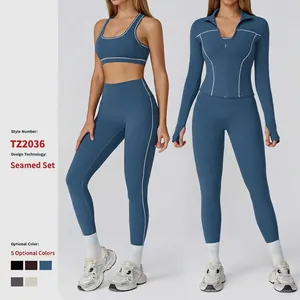 Women Yoga Set Contrast Stitching Slim Fit Workout Outfit High Waist Leggings Sports Bra Zipper Jacket 3 Piece Fitness Tracksuit