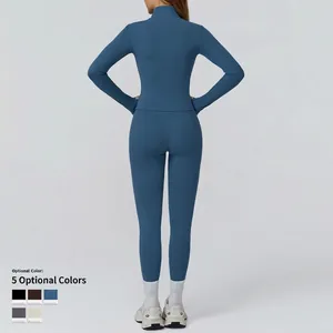 Women's 2-piece yoga set in dusty blue featuring long sleeve top and high waist leggings