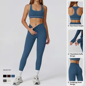 Three-piece contrast yoga set featuring a racerback sports bra and high-waisted leggings