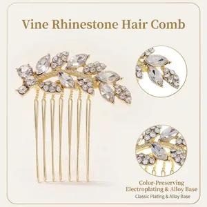 Luxuriöser goldener Haarkamm mit Strass-Blättern und sechs Metallzinken für Hochzeiten