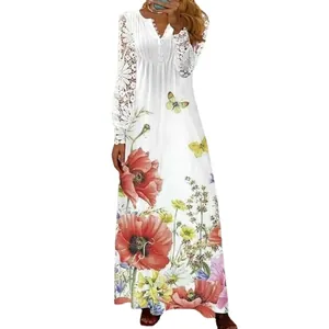 Women's white lace long sleeve maxi dress with vibrant floral poppy print and V-neck
