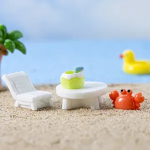 Miniature resin summer island set with deck chair, coconut tree and small crab decor