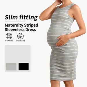 Vestito Da Maternità A Righe In Maglia A Costine Senza Maniche Girocollo Aderente Elastico Abbigliamento Estivo Casual