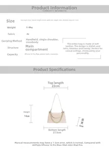 Detailed size chart for retro chain square bag with dimensions and capacity guide