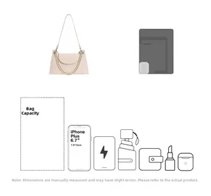 Detail showing bag capacity with a beige leather shoulder bag and accessory icons