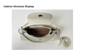 Internal structure of white leather handbag showing main compartment and zipper pocket