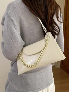 Retro Women PU Leather Chain Crossbody Bag Minimalist Flap Shoulder Bag Underarm Baguette Purse Solid Color Daily Handbag