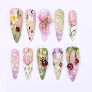 Almond Press On Nails Strawberry Ladybug Flower Design Cute Pastoral Style 3D Water Drops False Nails Women Finger Art